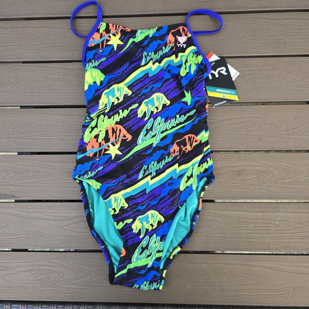 TYR Durafast Women's California Print Euekera Crosscut Tieback swim Sz 34 New
